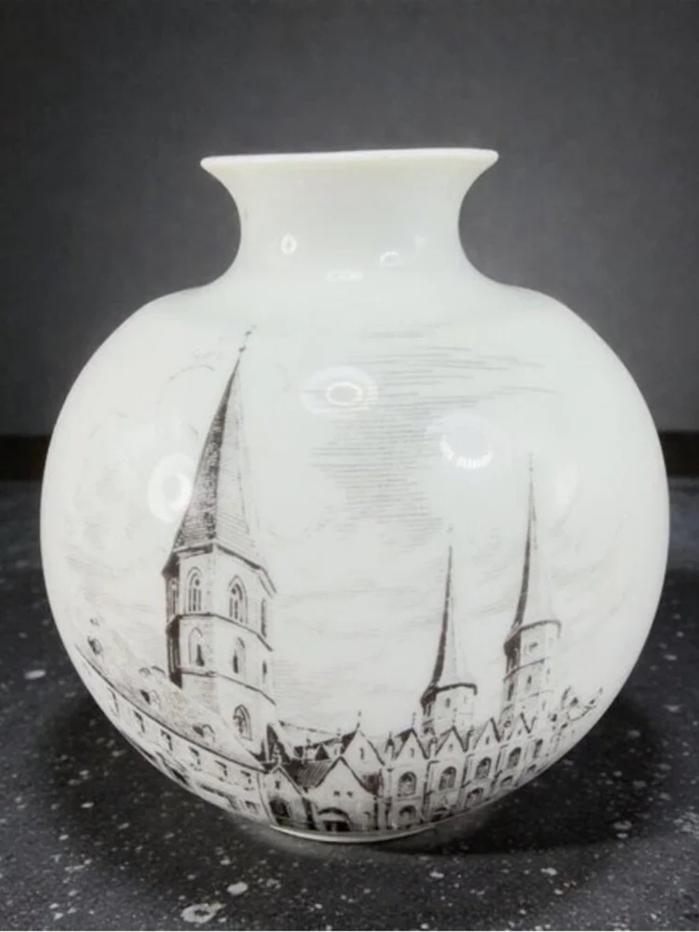 White Ceramic Vase with Architectural Sketch Motif